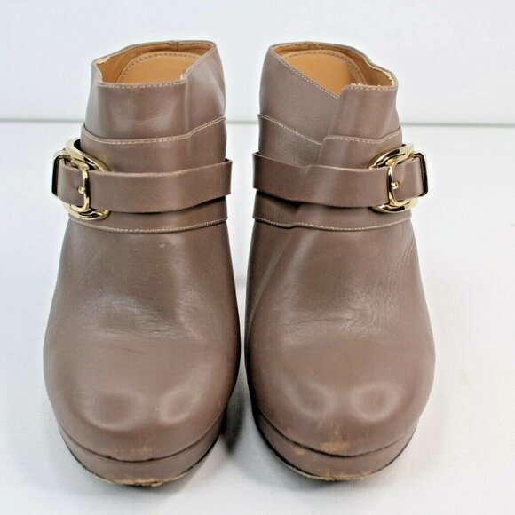 Calvin Klein Pearle Closed Toed Brown Platform High Heel Mules Gold Tone Buckle - Picture 3 of 6